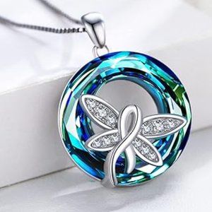 Dragonfly Crystal Pendant Necklace - 925 Sterling Silver
